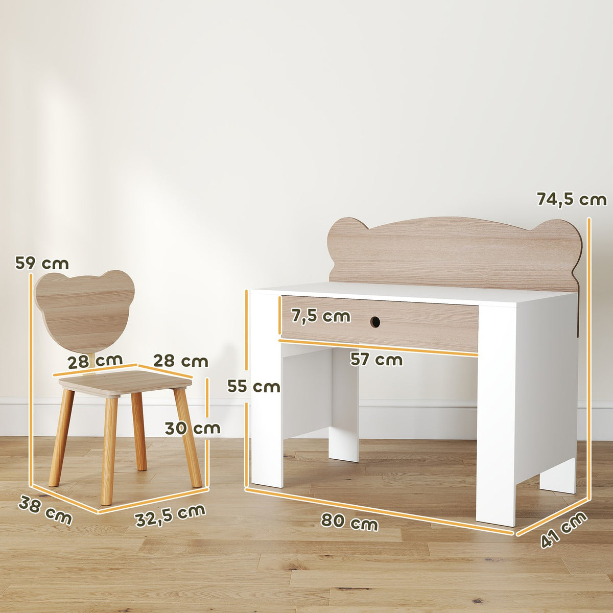Barnskrivbordsset, björnformat arbetsbord och stol med låda, för skrivning och pyssel, 3-8 år, naturligt trä