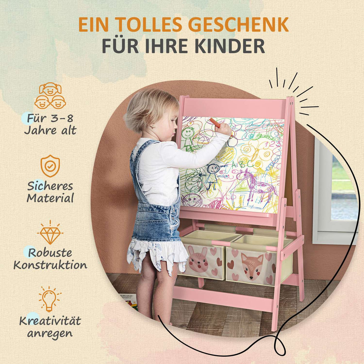 Barntavla, 3 i 1 barnstafli, ståbräda med pappersrulle, förvaringskorgar, whiteboard, 54 x 46,5 x 93 cm, rosa