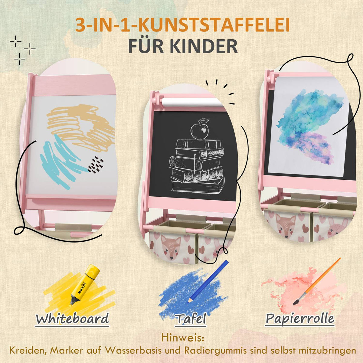 Barntavla, 3 i 1 barnstafli, ståbräda med pappersrulle, förvaringskorgar, whiteboard, 54 x 46,5 x 93 cm, rosa