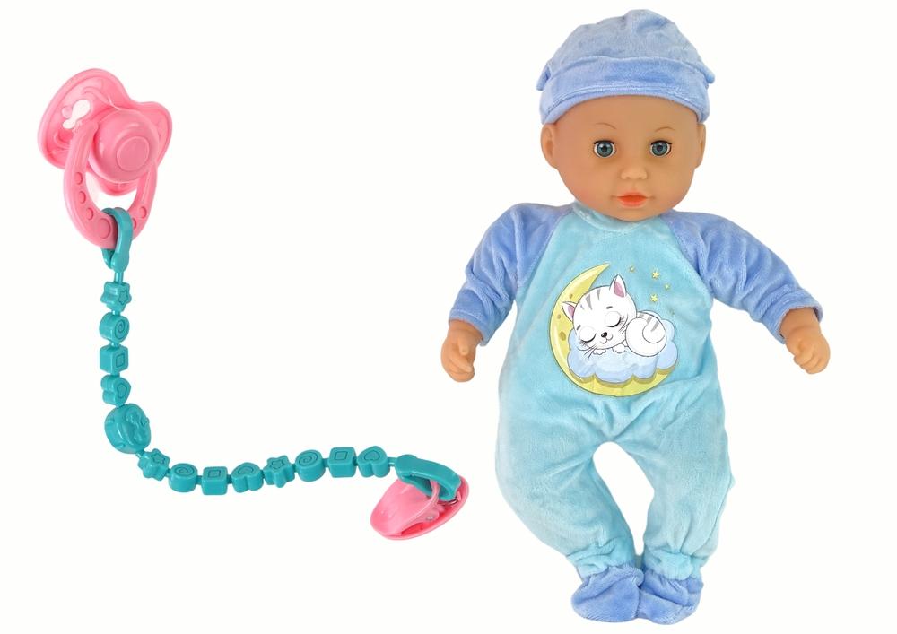 Bedårande babydocka med ljud, dummy, haklapp och kattpyjamas