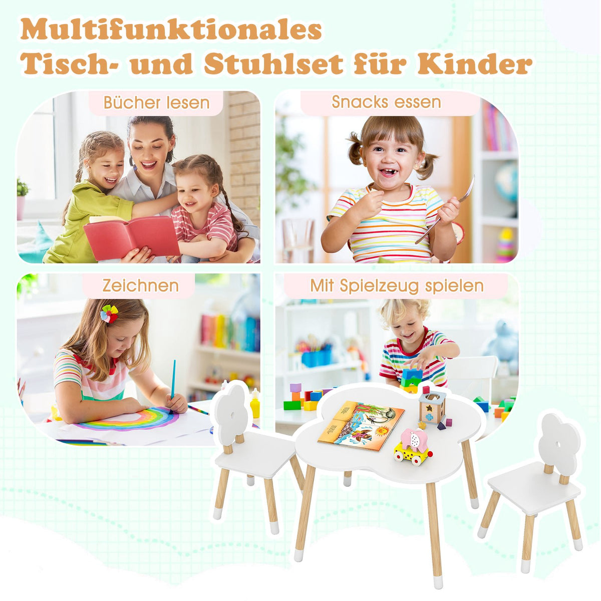 Blomformat barnbord med 2 stolar, vit