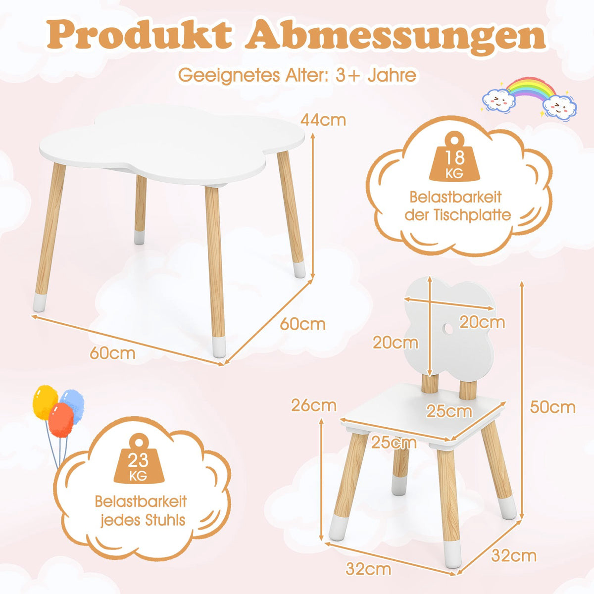 Blomformat barnbord med 2 stolar, vit