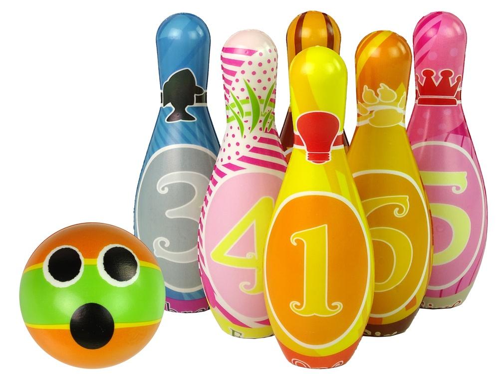 Bowlingset med mjukt skum: 6 färgglada numrerade stift och boll