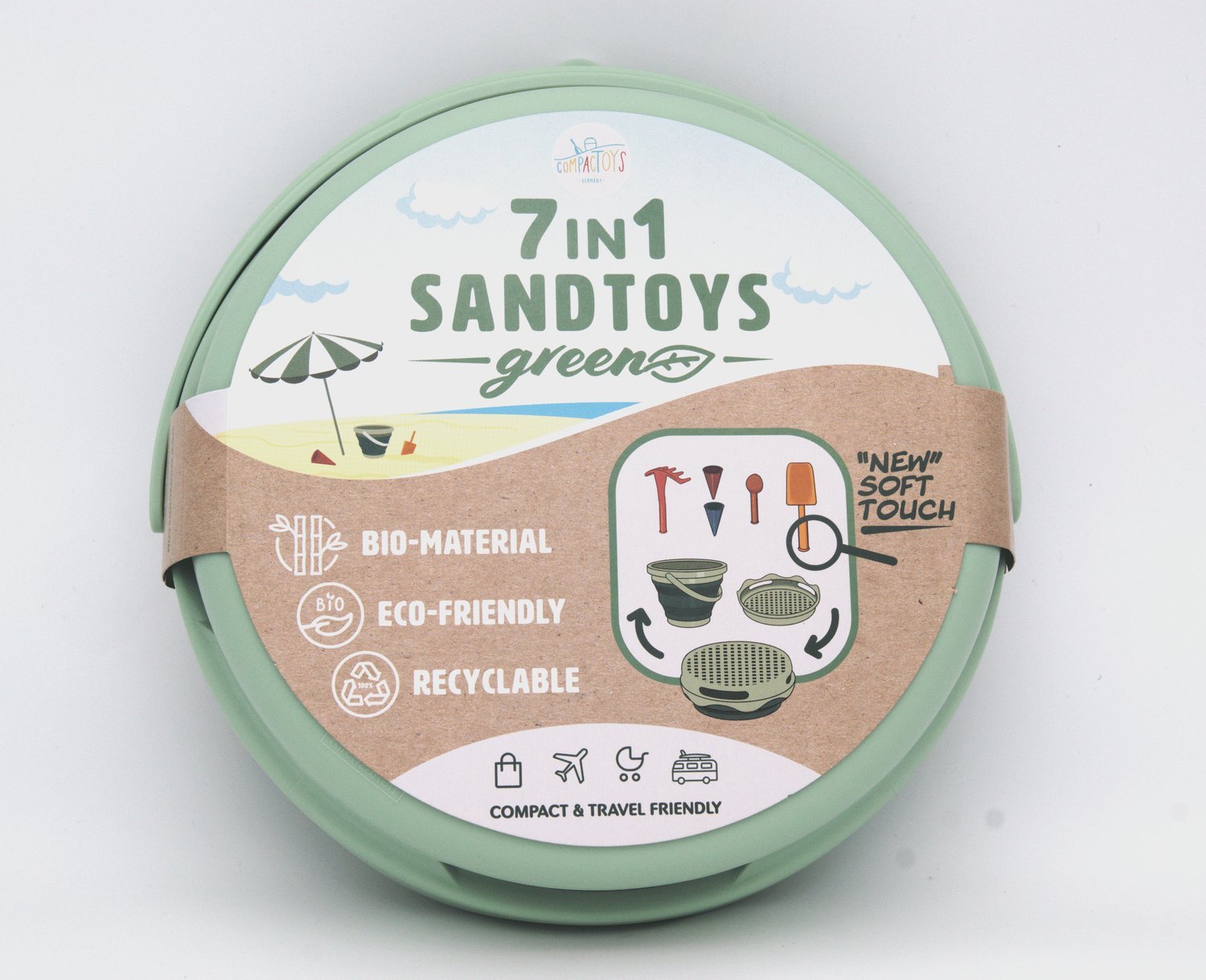 Compactoys Eco Beach spand med sandkasselegetøj 7 i 1, grøn