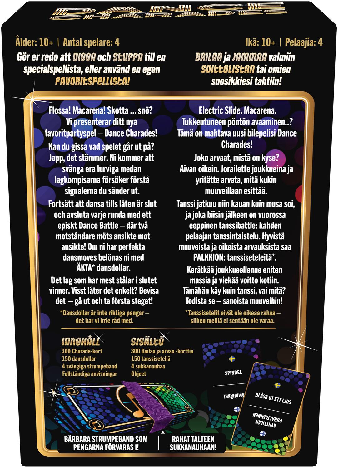 Danscharader-spel, finska och svenska, 4+ spelare