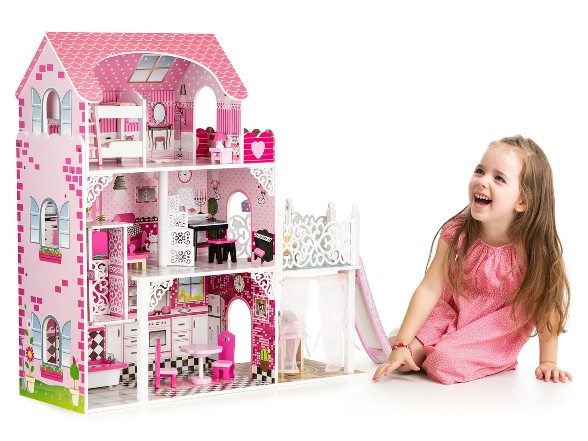 Dockhus i trä med xxl-hiss och ECOTOYS-rutschkana