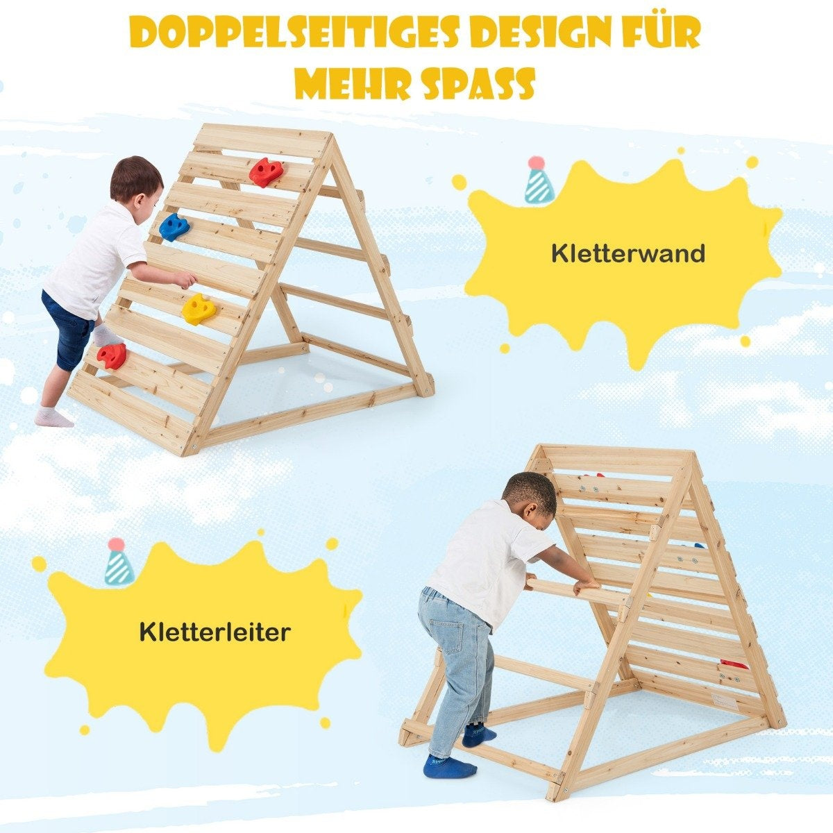 Dubbelsidig klättertriangel klätterleksak i trä med klätterstenar och klätterstegar 112 x 70 x 96 cm natur