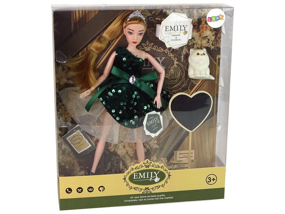 Emily Doll Set: Blond, hvit katt, trehjerte, 30 cm høy