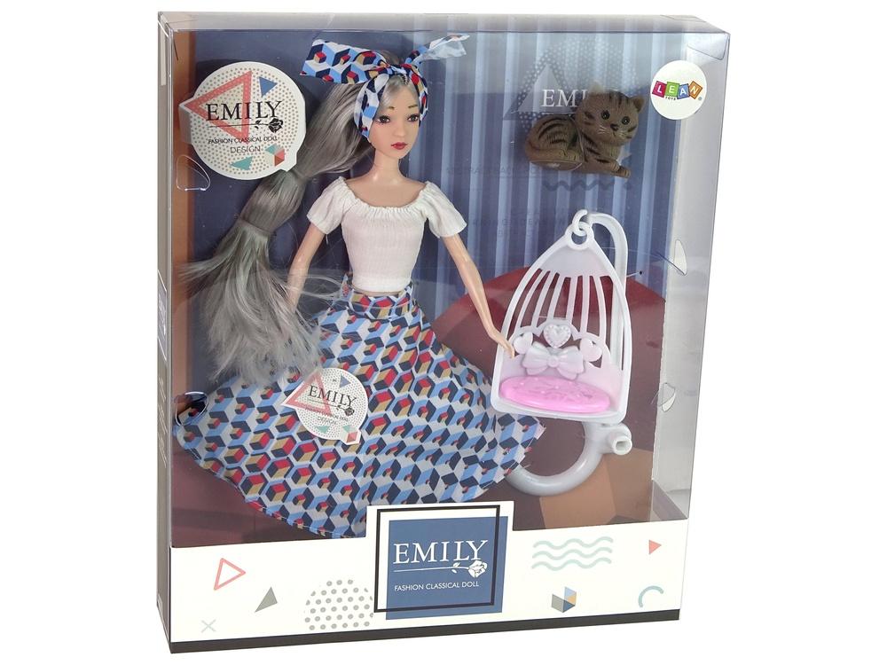 Emily Doll med grått hår, kattunge og huskesett