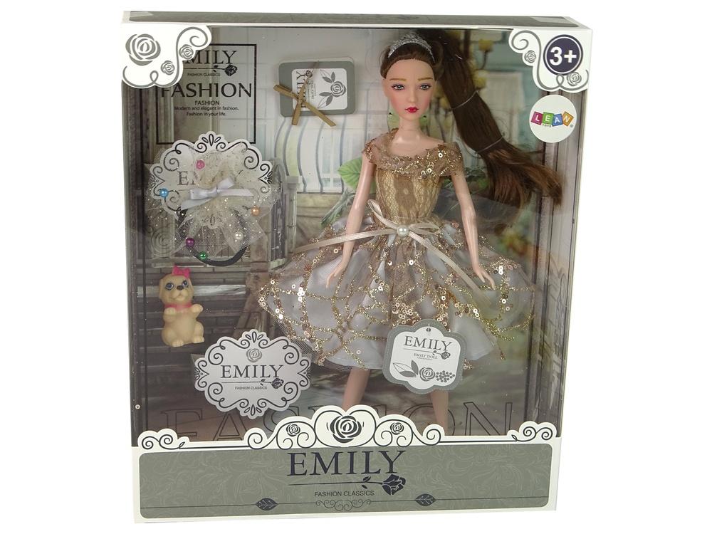 Emily Doll with Dog: Elegant kjole og langt hår, gavesett 