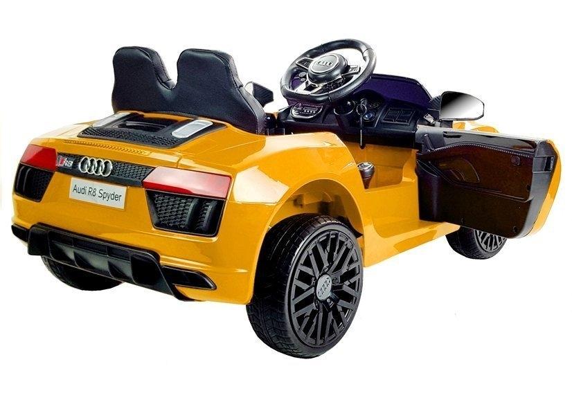 Gelber Audi R8 Spyder Elektro-Ride-On: Doppelsitz, Musik, Spaß!