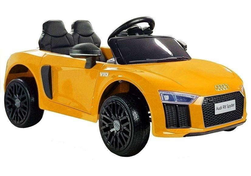 Gelber Audi R8 Spyder Elektro-Ride-On: Doppelsitz, Musik, Spaß!