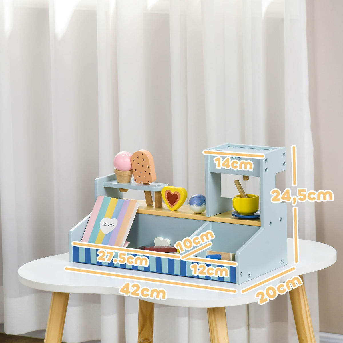 Glassbar barnved, glass träleksak för barn med kökstillbehör, glassbutik barnved för 2-5 år barn, ljusblå