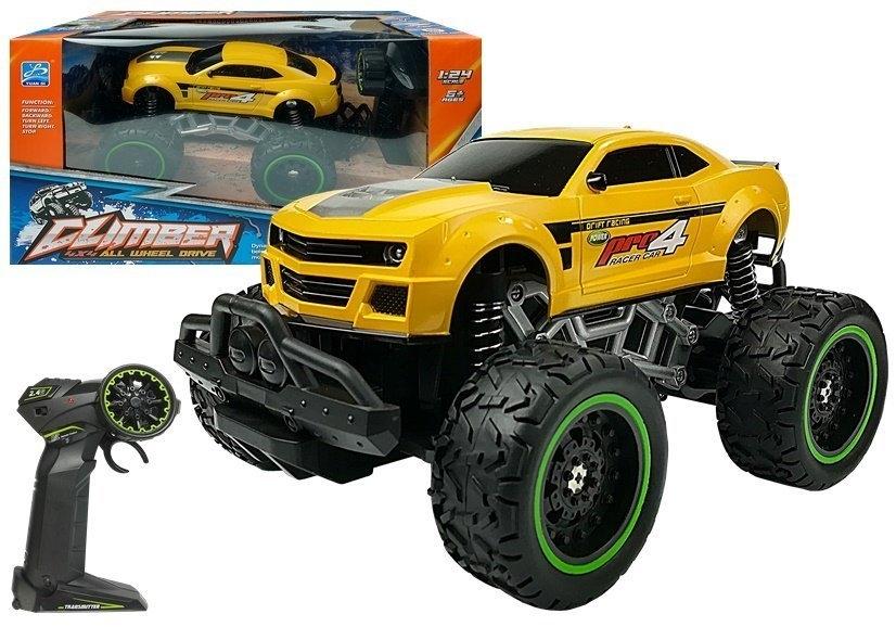 Gul off-road R/C bil med höga hjul och stötdämpare