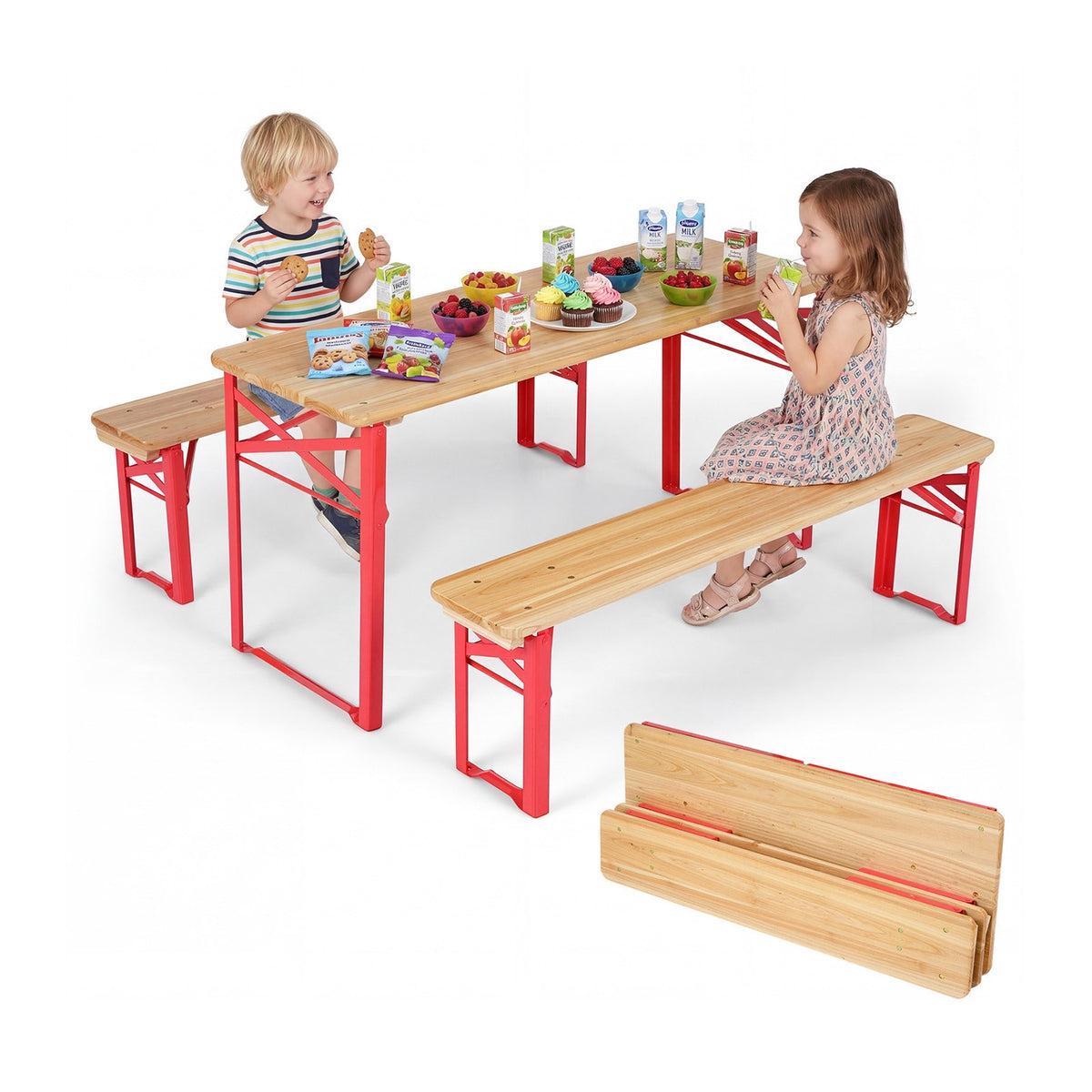 Hopfällbart picknickbord och bänkset för barn, granträ, 110 cm