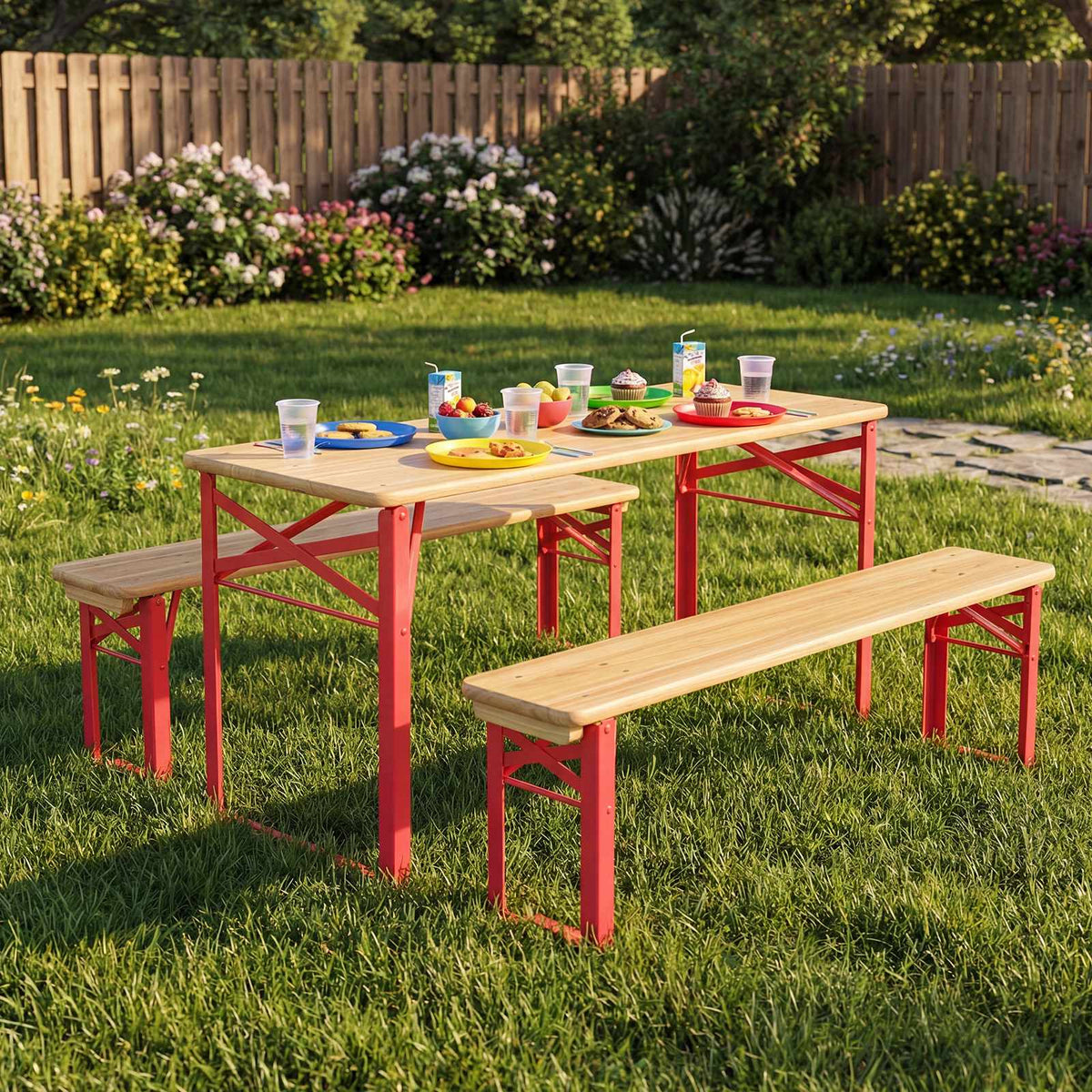 Hopfällbart picknickbord och bänkset för barn, granträ, 110 cm