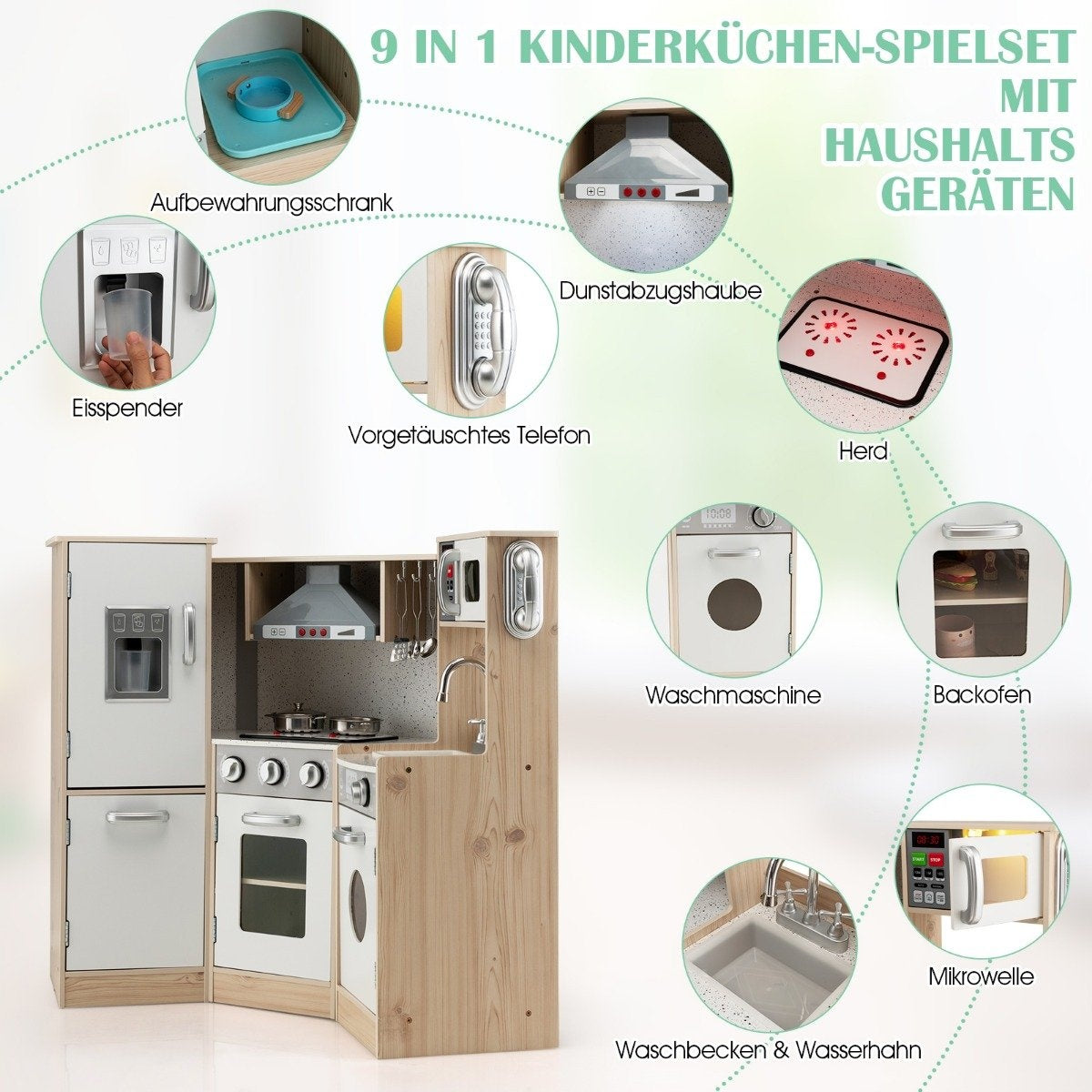 Hörnkök Hörnlekök med ljud och ljus Barnkök i trä inklusive lektillbehör Vit + Natur