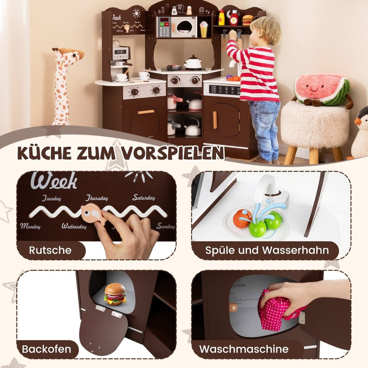 Hörnlekök i trä med ljud &amp; Ljus &amp; Kaffemaskin &amp; Slide Toddler Kitchen Lekset Brun