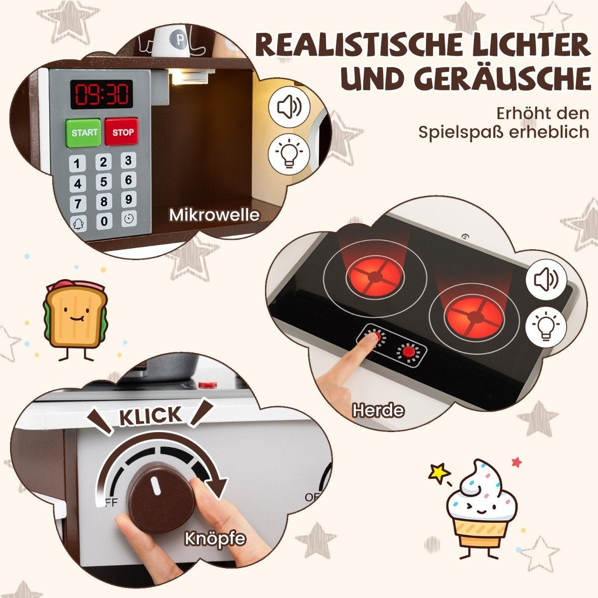 Hörnlekök i trä med ljud &amp; Ljus &amp; Kaffemaskin &amp; Slide Toddler Kitchen Lekset Brun