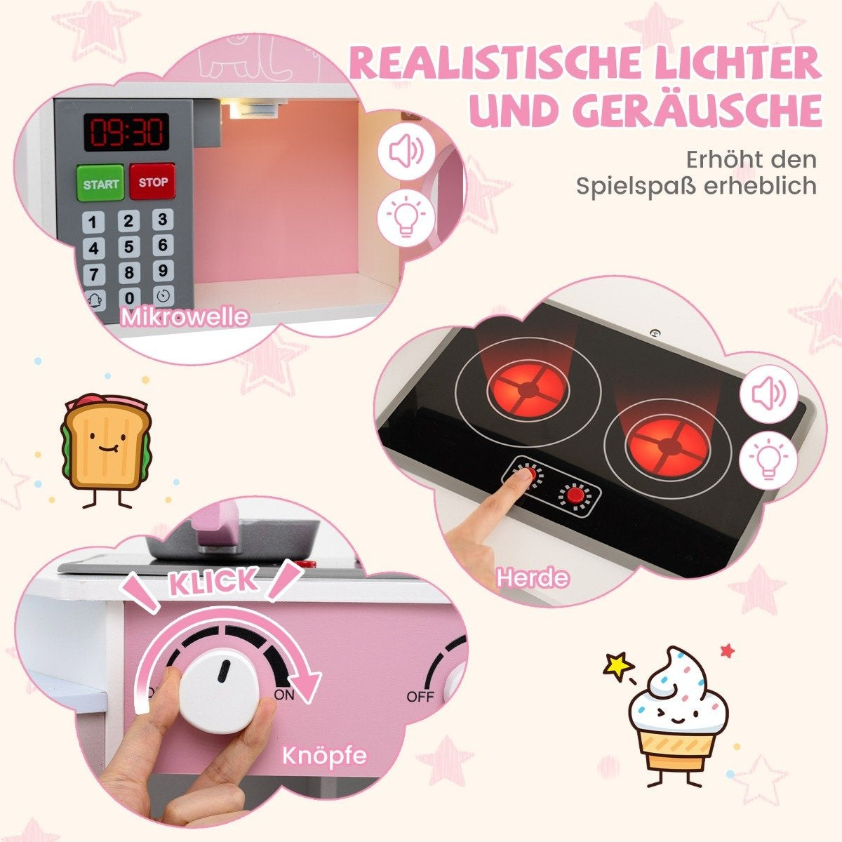 Hörnlekök i trä med ljud &amp; Ljus &amp; Kaffemaskin &amp; Slide Toddler Kitchen Lekset Rosa