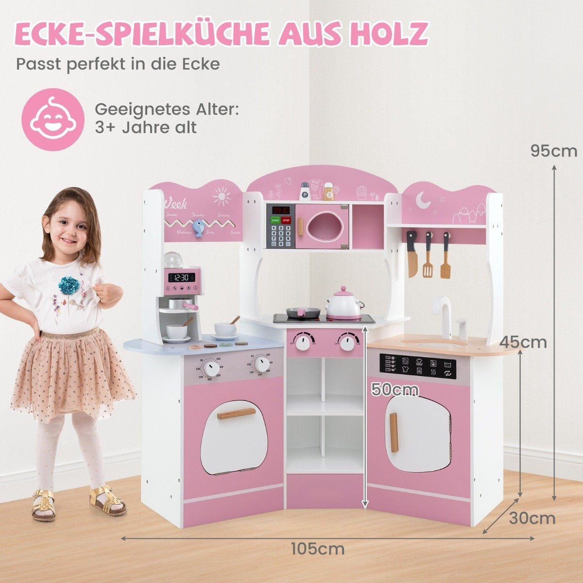 Hörnlekök i trä med ljud &amp; Ljus &amp; Kaffemaskin &amp; Slide Toddler Kitchen Lekset Rosa