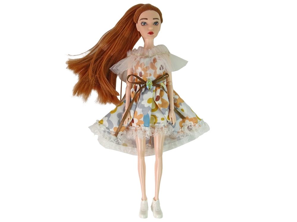 Autumn Emily Doll: Rødt hår, blomstret kjole, taske og blomster