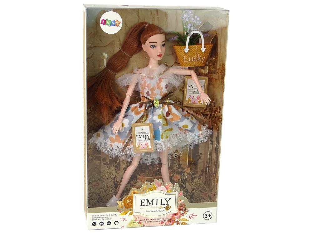 Autumn Emily Doll: Rødt hår, blomsterkjole, veske og blomster