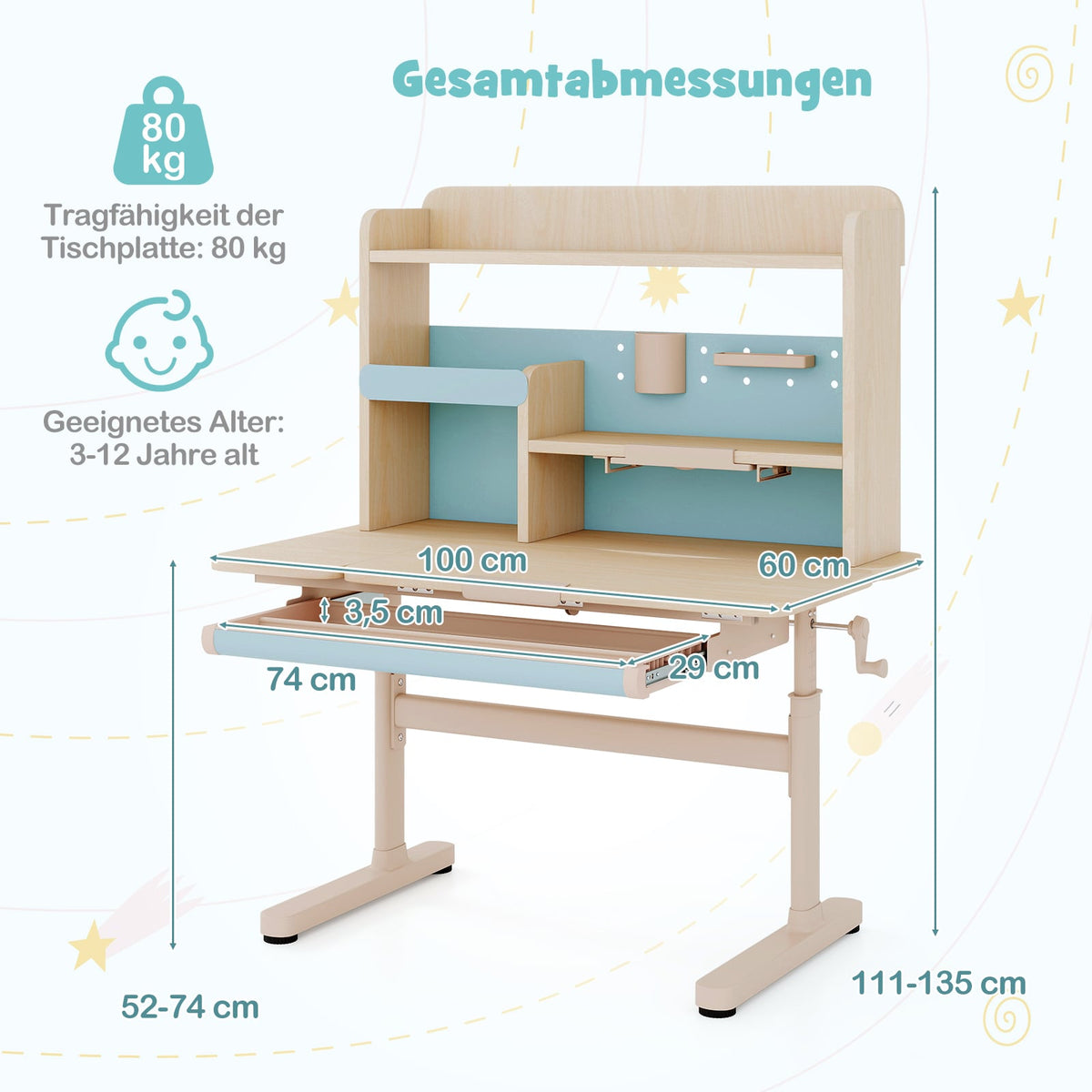 Justerbart barnskrivbord med hylla och låda – blått