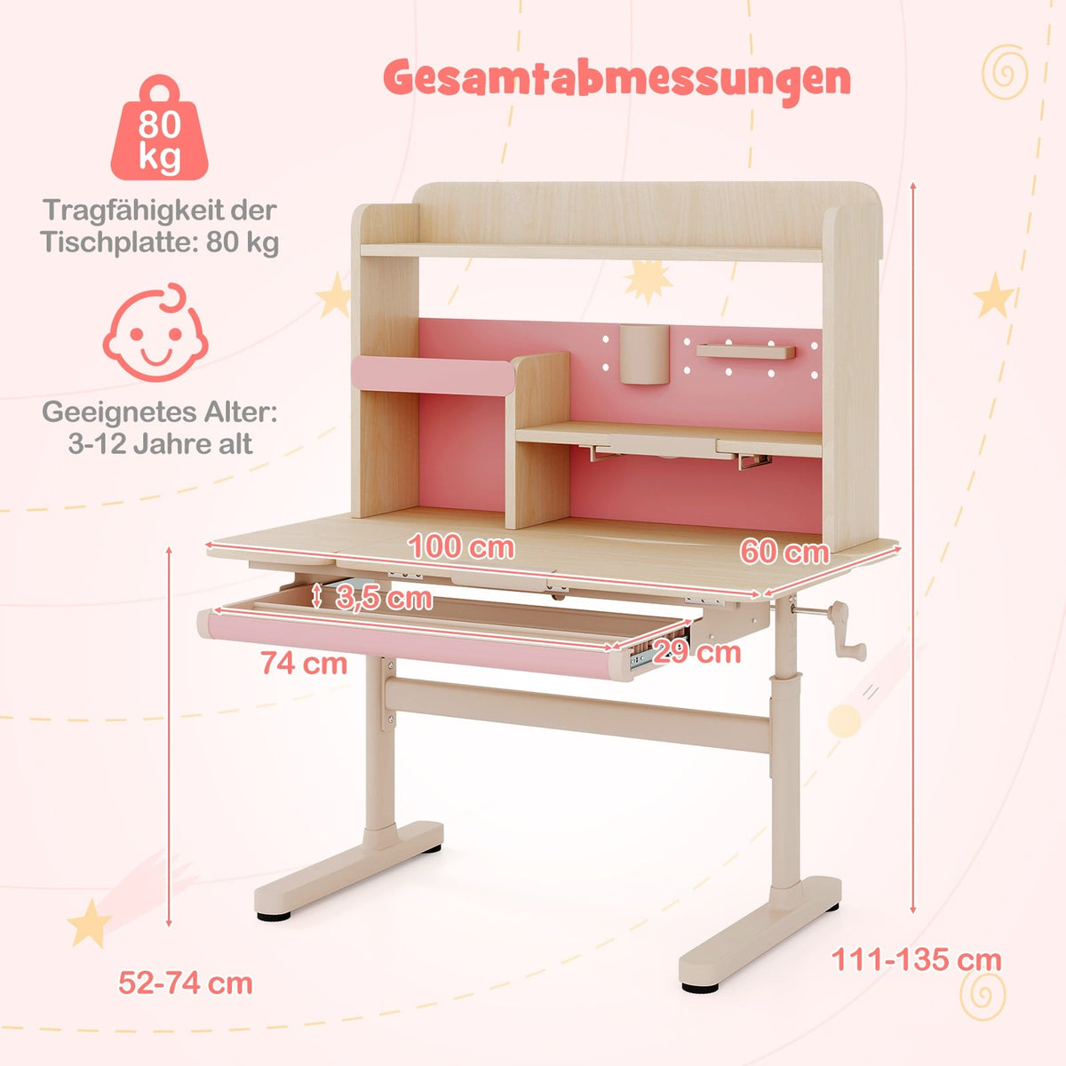 Justerbart barnskrivbord med hylla och låda – rosa