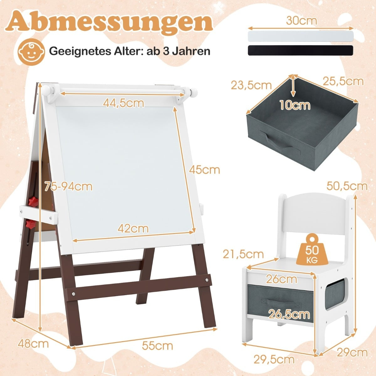 Justerbart barnstaffili och stolsset med svarta tavlor och whiteboard