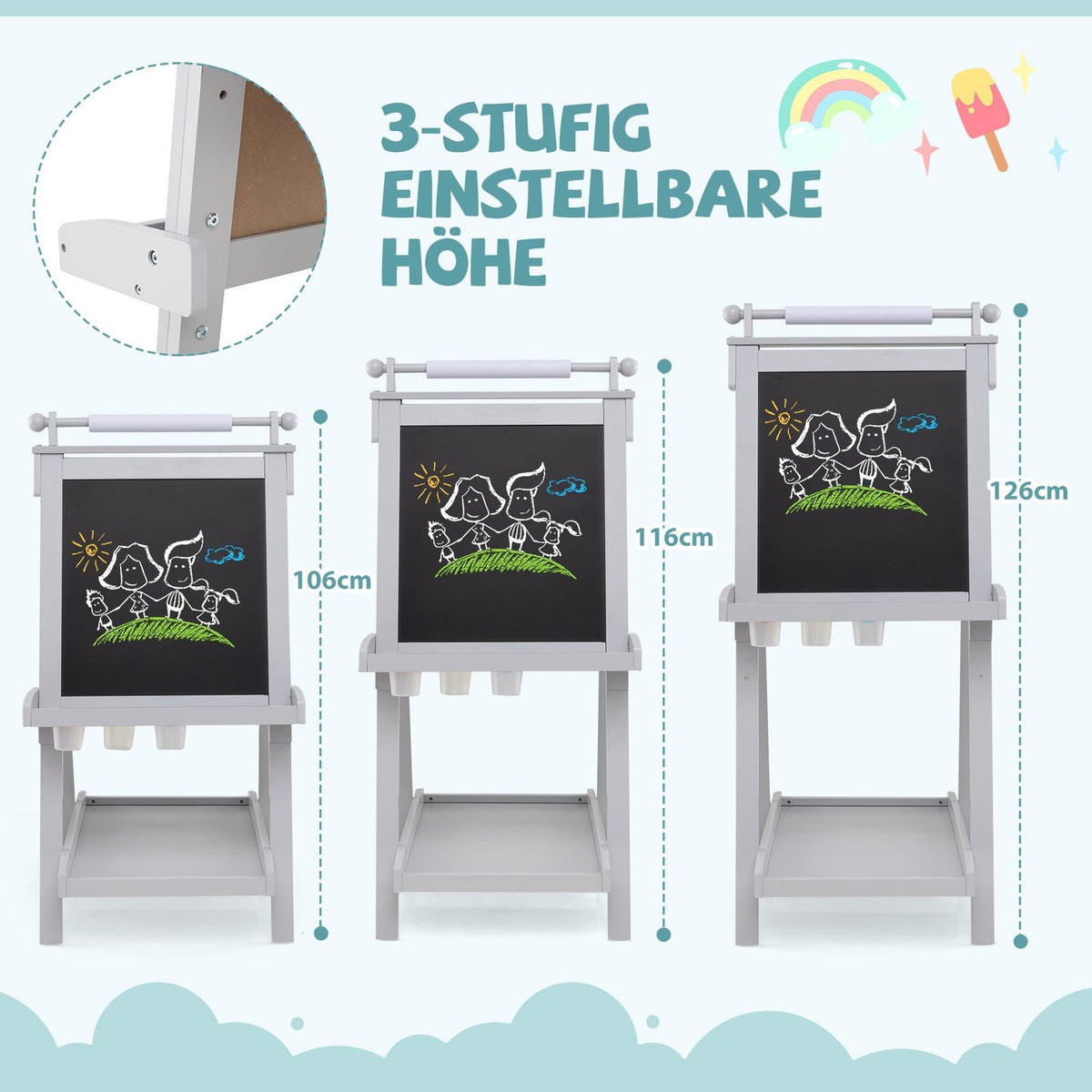 Justerbart staffli för barn med whiteboard och magnettavla