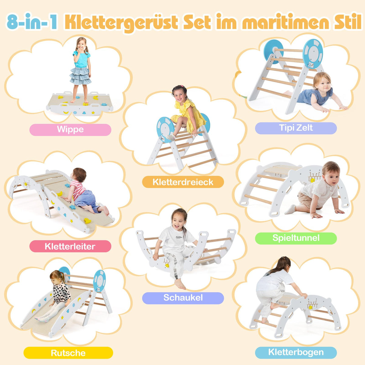 Klätterset för småbarn med rutschkana, båge och klossar