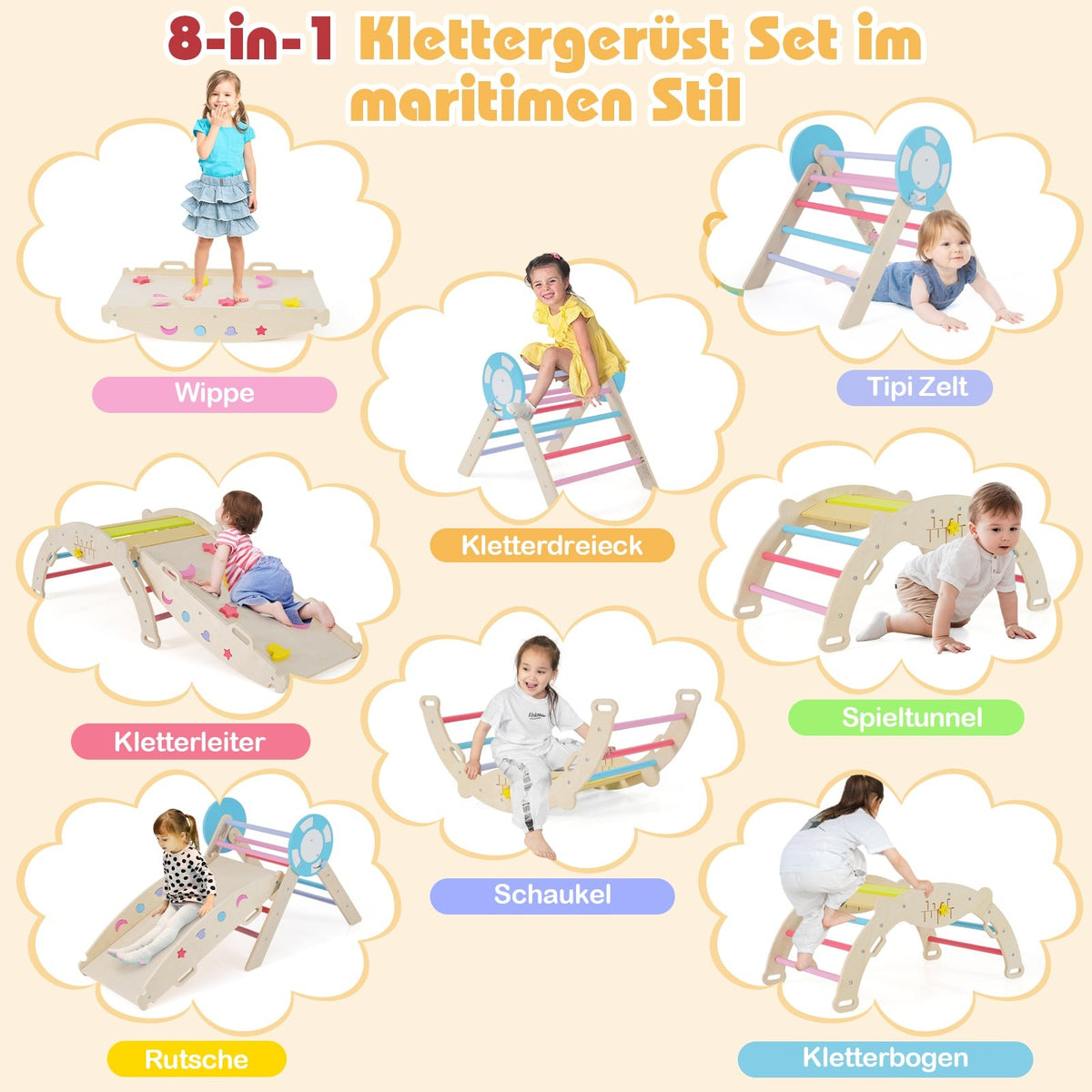 Klätterset för småbarn med rutschkana, båge och klossar