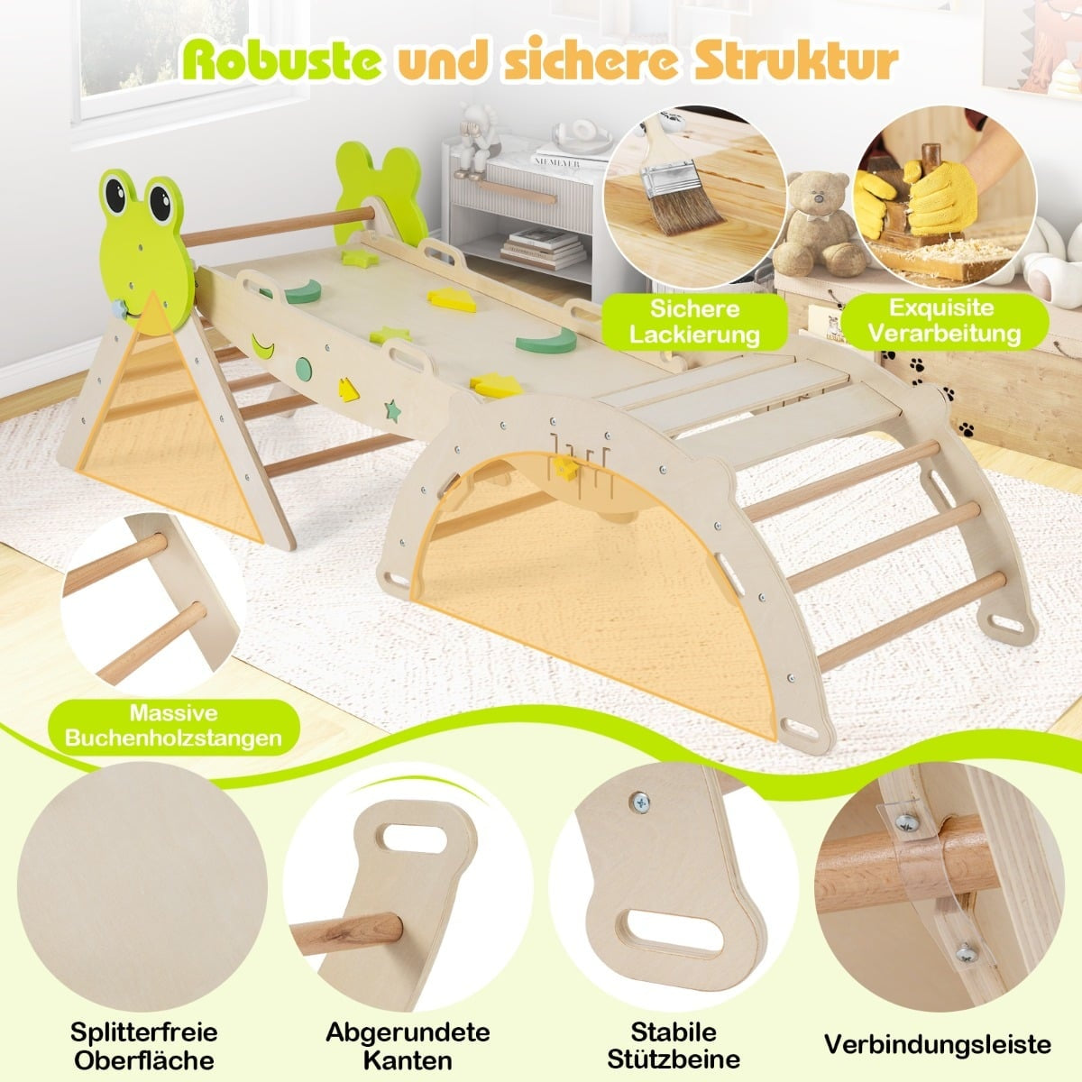 Klätterset för småbarn med rutschkana, båge och ramp – Naturträ