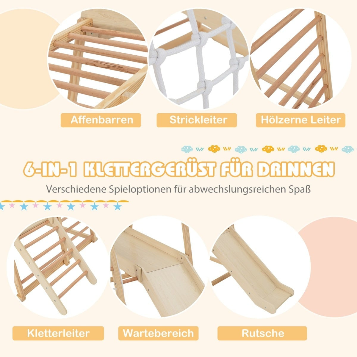 Klätterset i trä för inomhusbruk med rutschkana, stege och nät