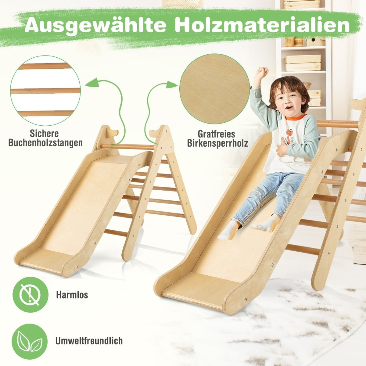 Klätterset i trä med triangel och rutschkana för barn
