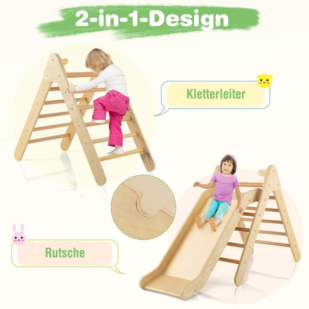 Klätterset i trä med triangel och rutschkana för barn