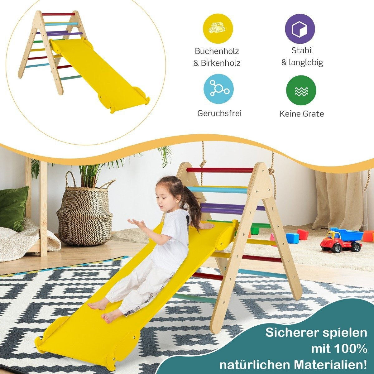 Klättertriangel Triangulär klätterställning i trä med ramp 86,5 x 48 x 73,5 cm Färgglad