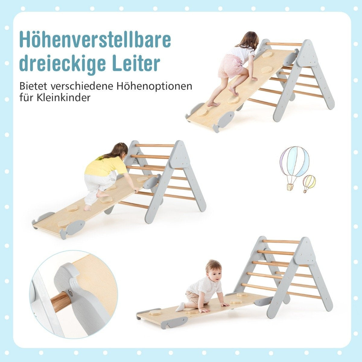Klättertriangel med rutschkana, klätterbåge inklusive dubbelsidig ramp, grå