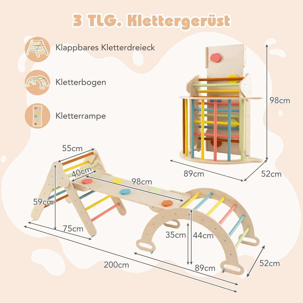 Klättertriangelset i trä med rutschkana och båge
