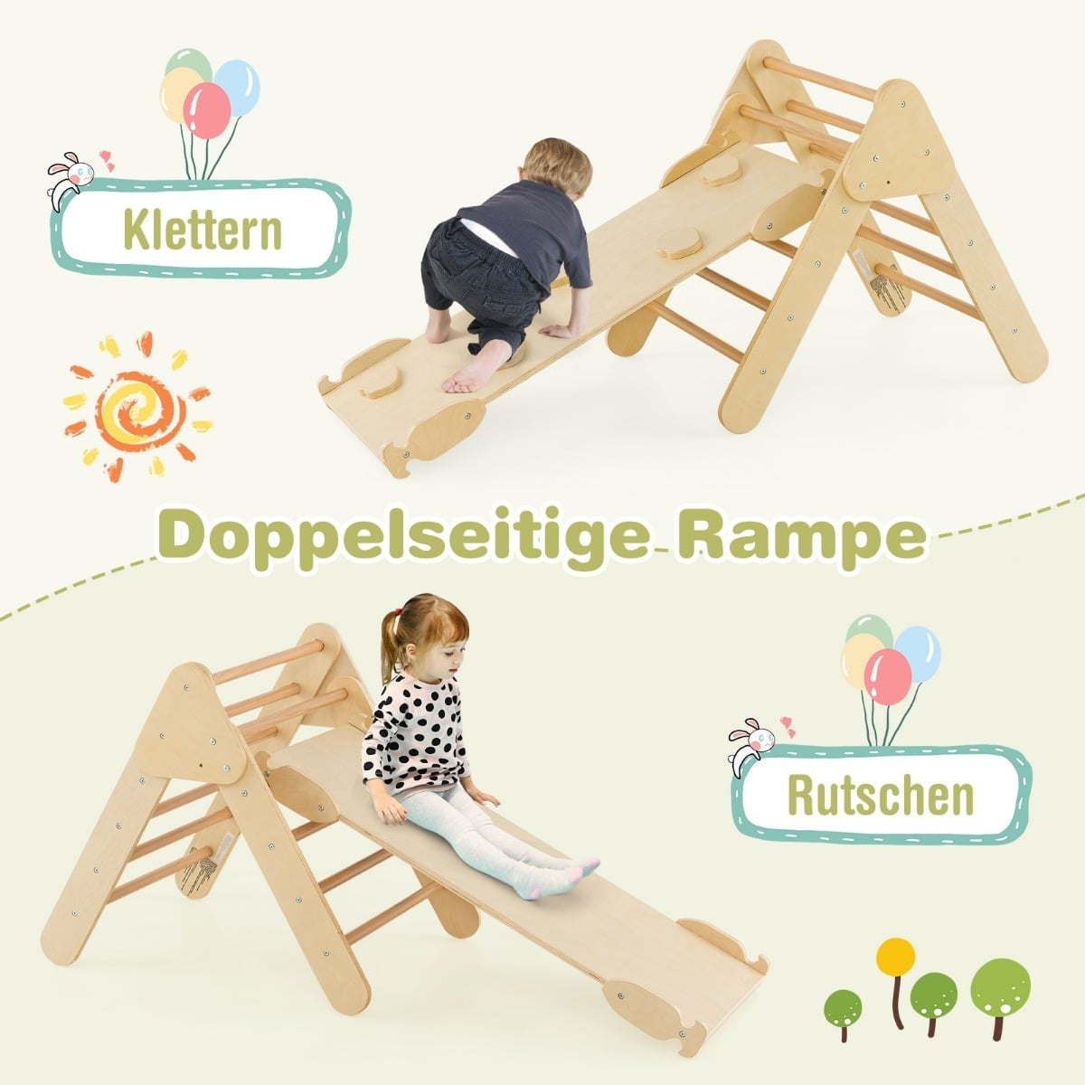Klättertriangelset i trä med rutschkana och ramp