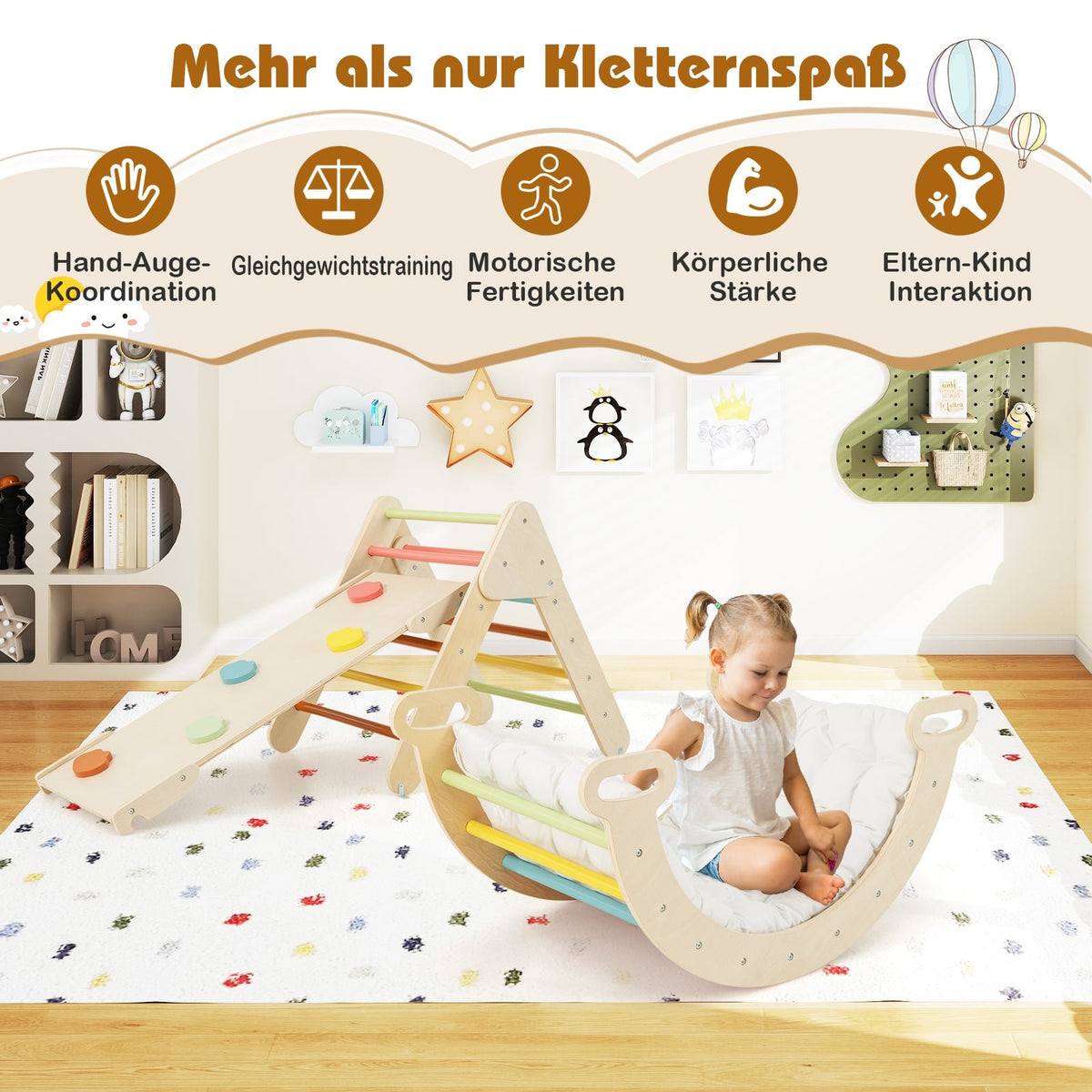Klättertriangelset i trä med rutschkana och ramp