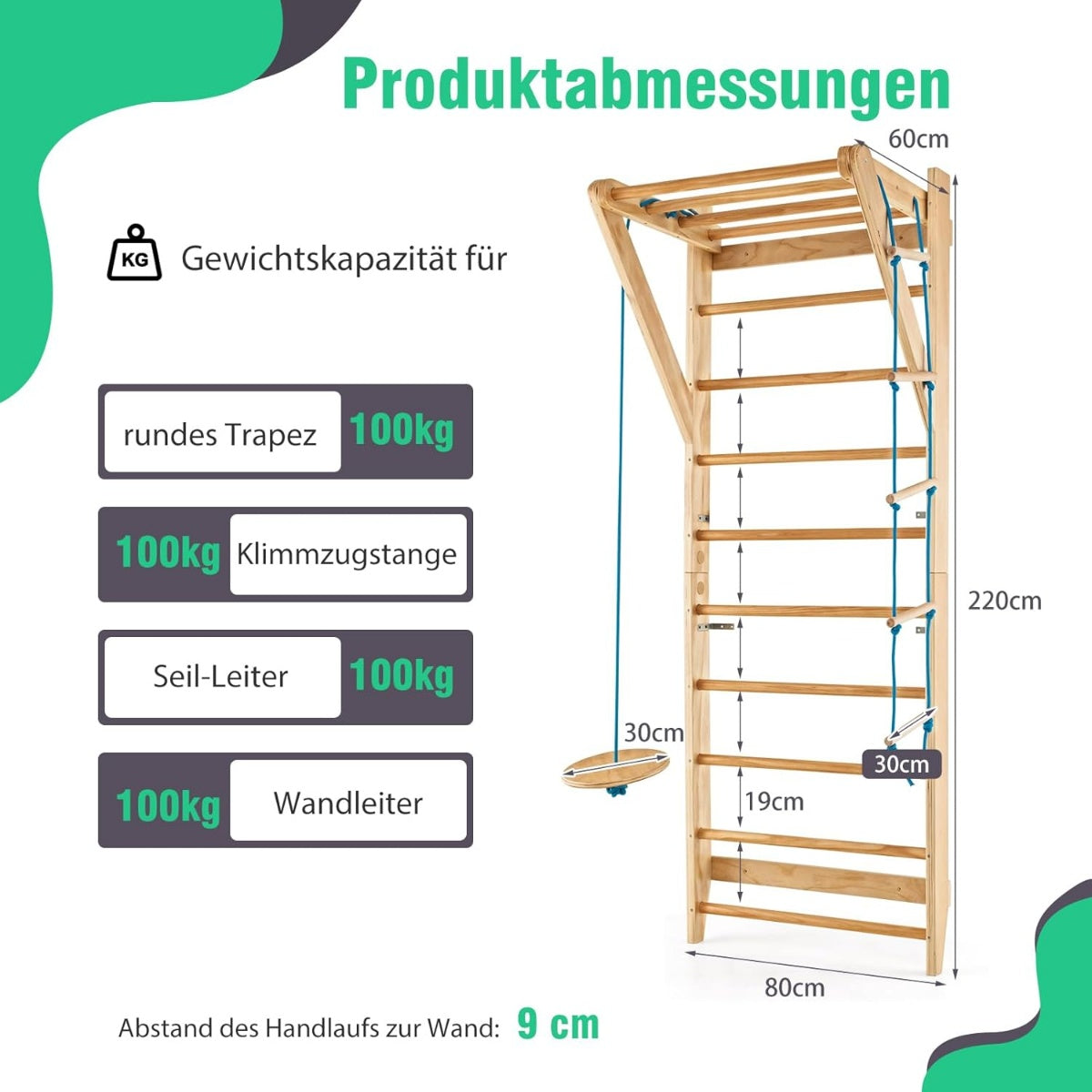 Klättervägg i trä för inomhusbruk – 4-i-1, 100 kg kapacitet