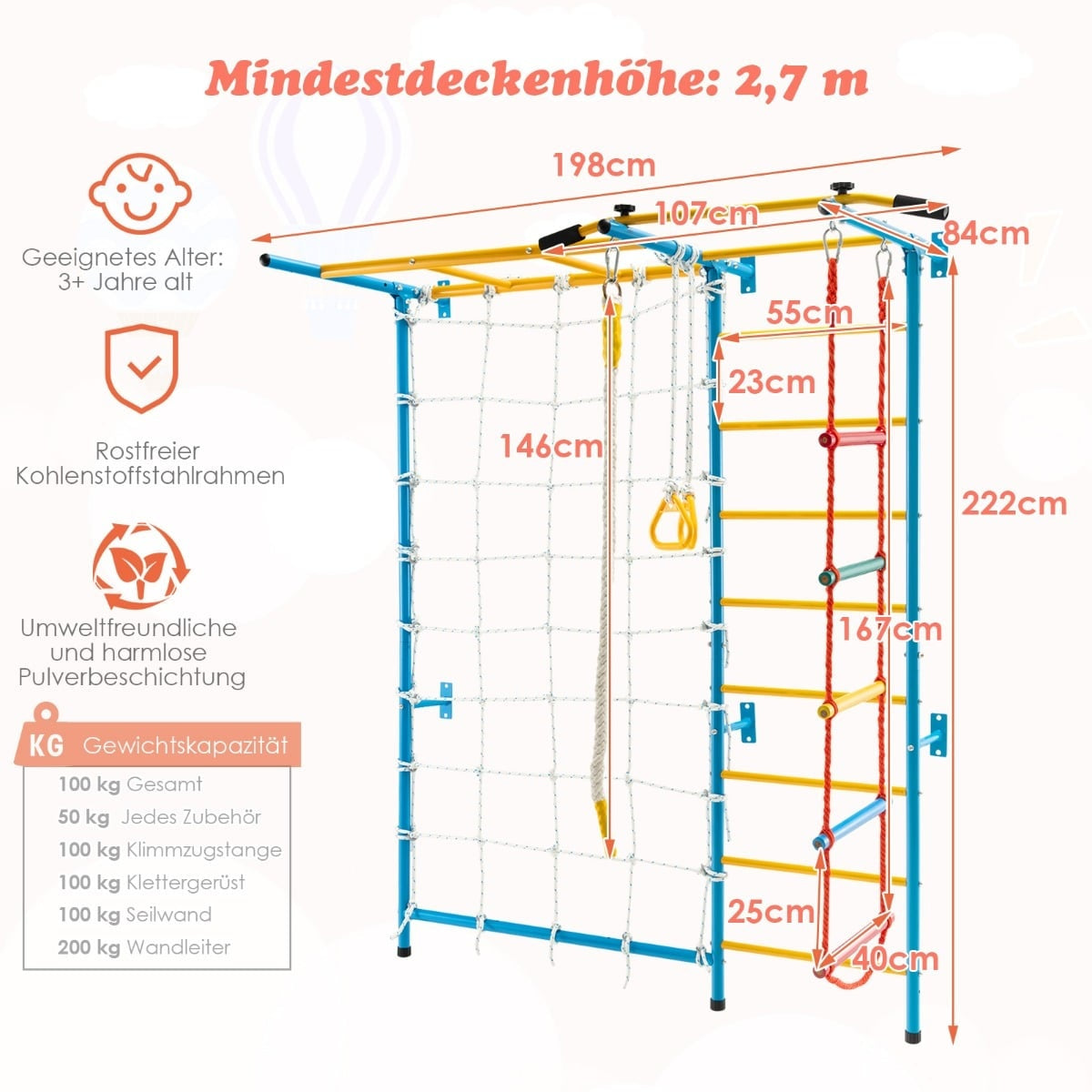 Klätterväggsset för barn inomhus, 7-i-1, 197,5 x 83,5 x 223 cm