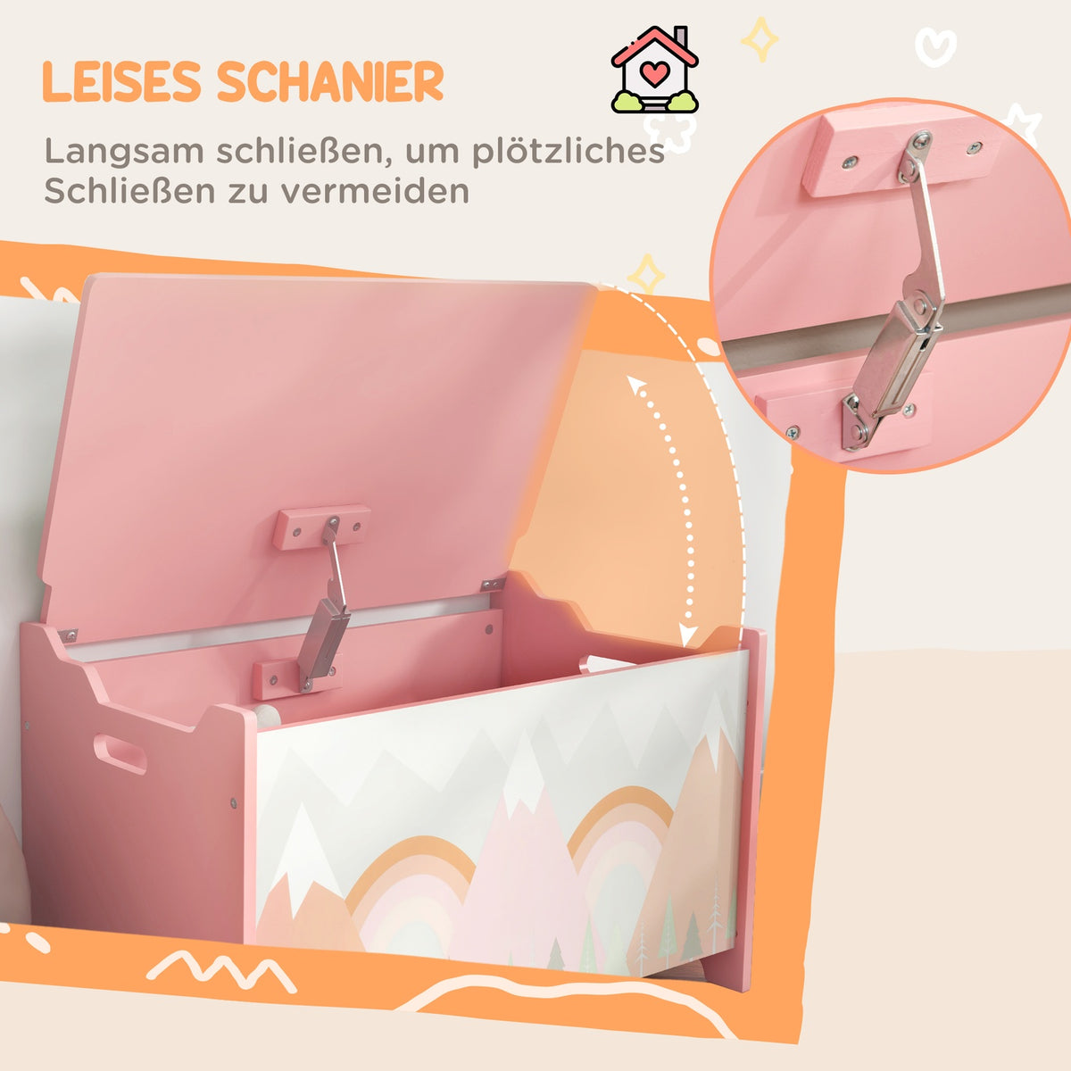 Leksakslåda med lock, säkerhetsgångjärn, djurdesign, 60x37x39 cm, rosa