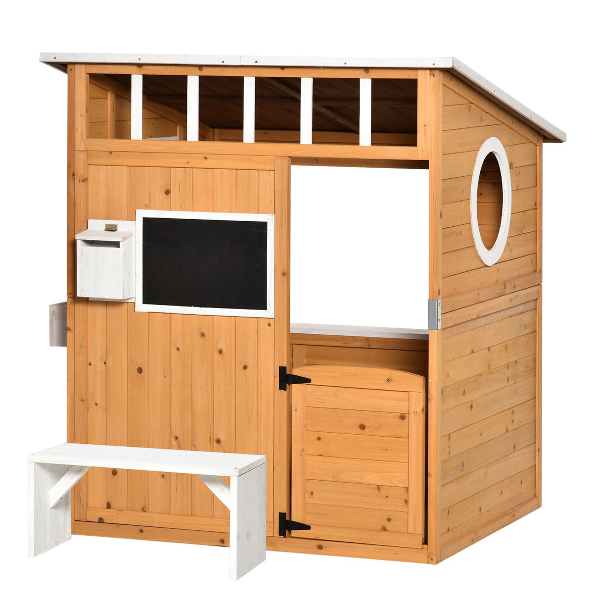 Lekstuga för barn Trä Lekstuga med fönster brevlåda Utomhus Trädgård Lekstuga med blomkrukhylla Trälekstuga för 3-8 år Naturligt granträ 122 x 108 x 135,5 cm Aosom