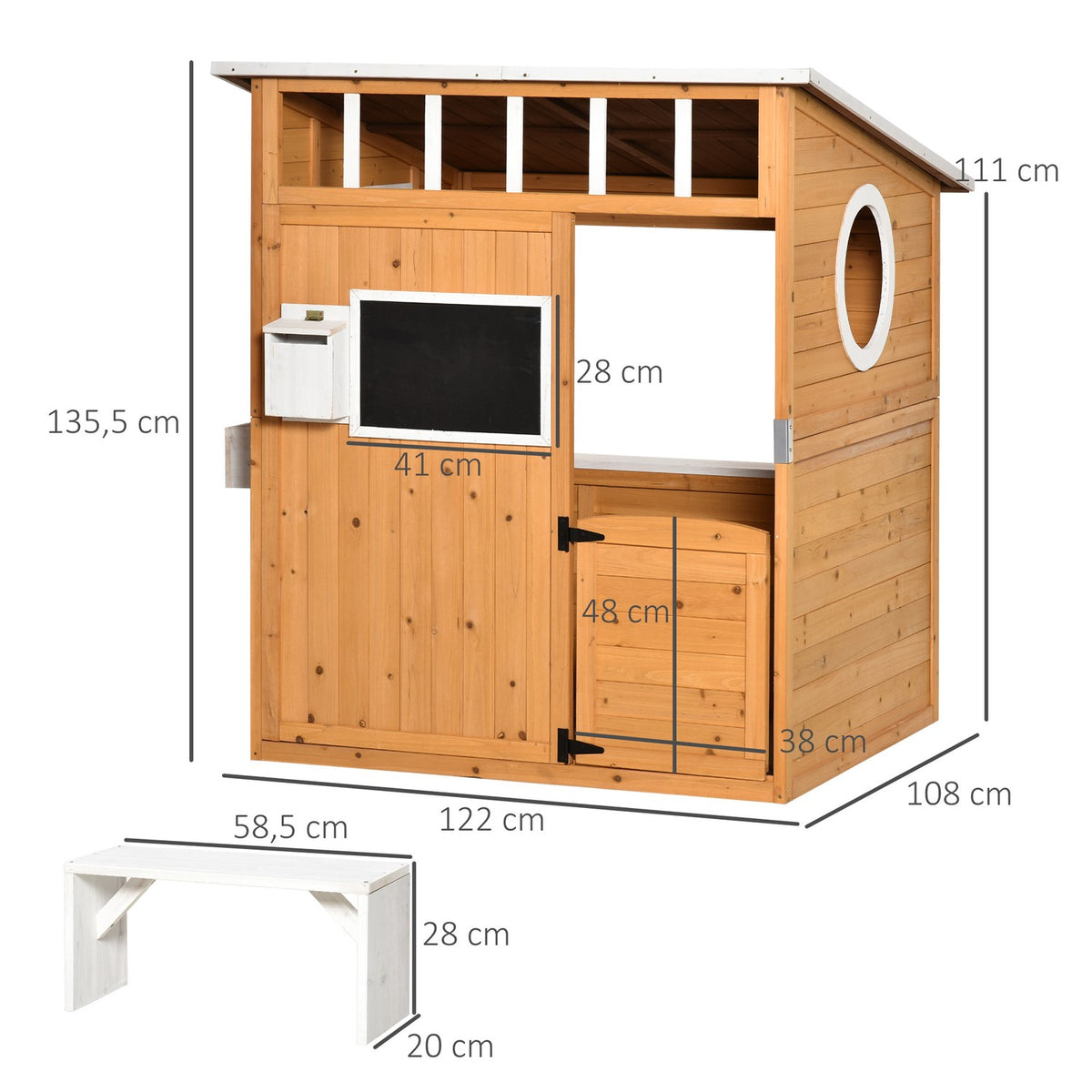 Lekstuga för barn Trä Lekstuga med fönster brevlåda Utomhus Trädgård Lekstuga med blomkrukhylla Trälekstuga för 3-8 år Naturligt granträ 122 x 108 x 135,5 cm Aosom