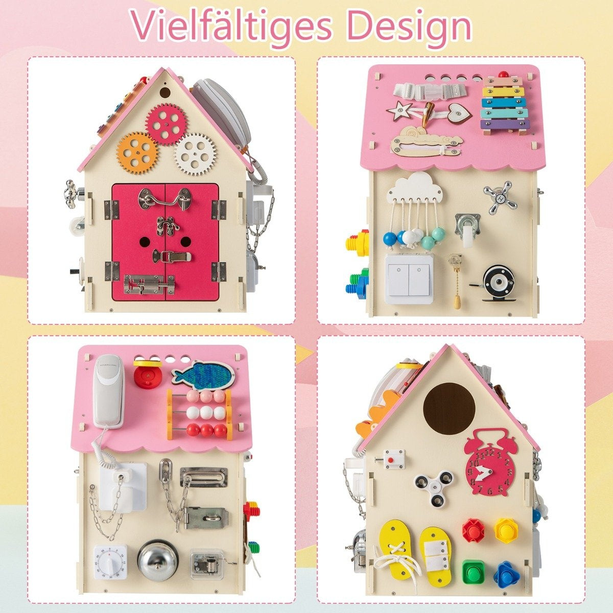 Lekstuga i trä med sensoriska spel och förvaringsutrymme för barn från 3 år och uppåt