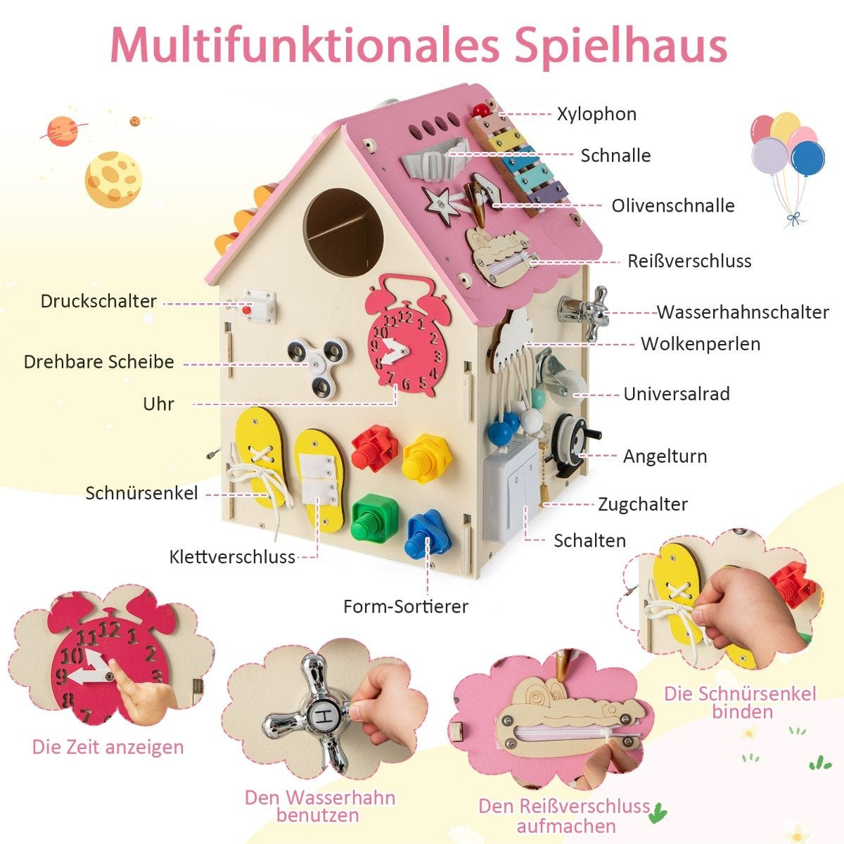 Lekstuga i trä med sensoriska spel och förvaringsutrymme för barn från 3 år och uppåt