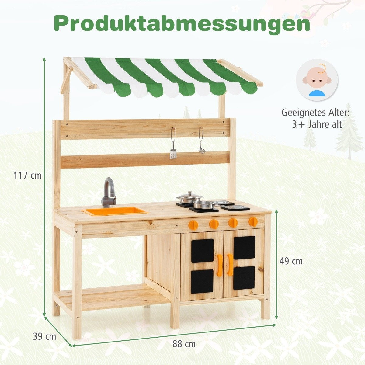 Lerkök barn utomhus barnkök gran trä med tak 88 x 39 x 117 cm natur